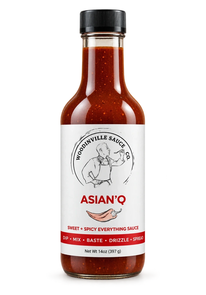 AsianQ_standard_web - Woodinville Sauce Co. Woodinville Sauce Co. Asian'Q sauce bottle, red chili pepper illustration on label, glass bottle with black cap (14 oz)