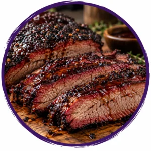 Sliced barbecued ribs with a glossy glaze on a wooden board