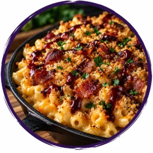 Creamy macaroni and cheese with crispy bacon and parsley in a cast-iron skillet.