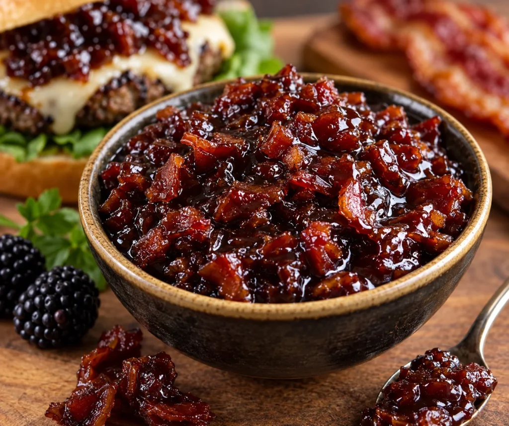 Dark red, chunky cranberry relish in a ceramic bowl; cheeseburger in the background on a wooden table.