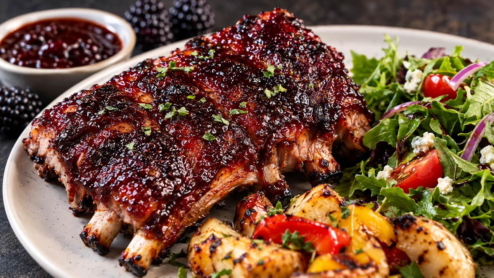 Barbecue ribs on a plate with grilled vegetables and a fresh greens salad.