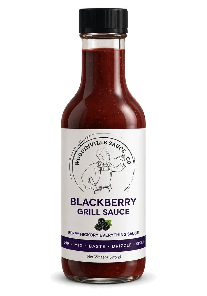 Blackberry_Grill_Sauce_standard_web - Woodinville Sauce Co. Bottle of Woodinville Sauce Co. Blackberry Grill Sauce with blackberry graphic on label