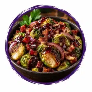 Bowl of roasted Brussels sprouts with bacon bits and caramelized onions, garnished with parsley.