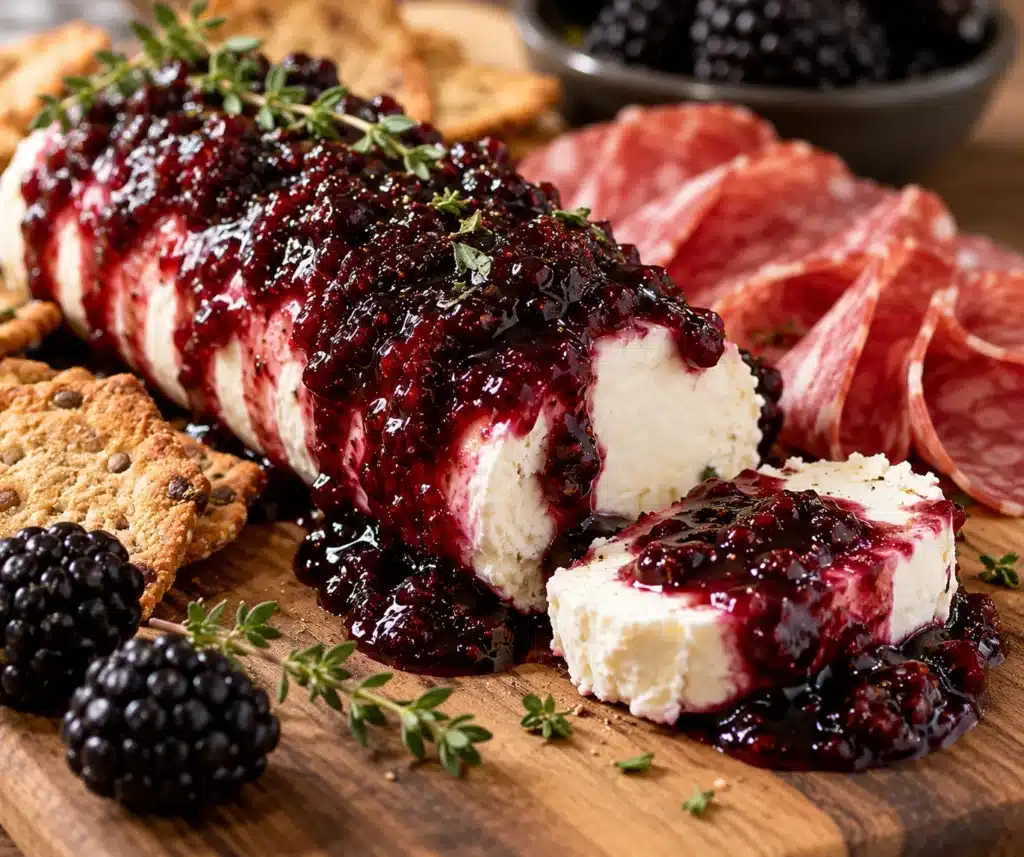 Creamy cheese log topped with dark blackberry compote, surrounded by crackers, salami, and blackberries on a wooden board.