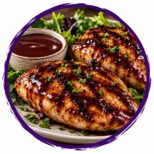 Two grilled chicken breasts glazed with a dark BBQ sauce, garnished with parsley on a bed of greens with a dipping sauce on the side.