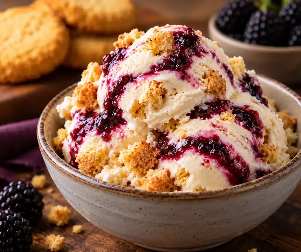 Scoops of vanilla ice cream with blackberry sauce and crumbly streusel in a gray ceramic bowl.