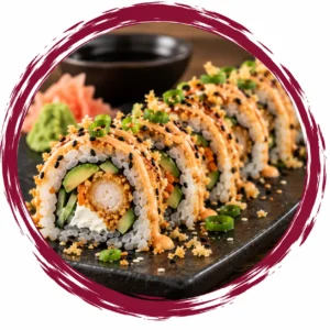 Assorted sushi rolls on a black plate, filled with avocado and cucumber and topped with orange sauce and sesame seeds.