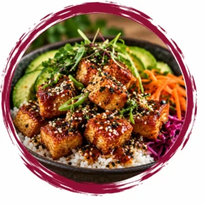 Bowl of crispy glazed tofu cubes with sesame seeds on white rice, garnished with cucumber slices, shredded carrots, purple cabbage, and greens.