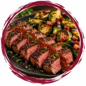 Sliced medium-rare steak with sauce on a platter, beside roasted Brussels sprouts and bacon bits.