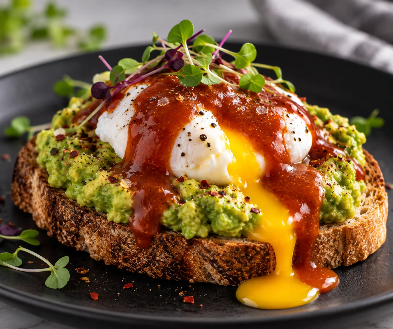 SpicyAvoToastSantaka - Woodinville Sauce Co. Rustic toast smeared with avocado mash, topped by a poached egg and a generous kiss of chili sauce, garnished with microgreens.