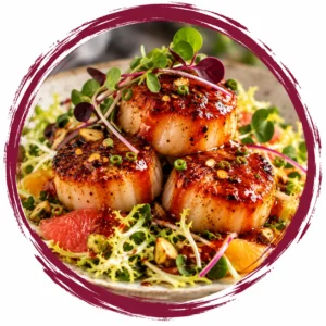 Three seared scallops on a greens salad with citrus segments and microgreens, glazed with sauce.
