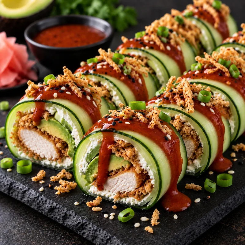 Cucumber-wrapped sushi rolls with avocado, crispy topping, eel sauce, and sesame seeds on a slate platter