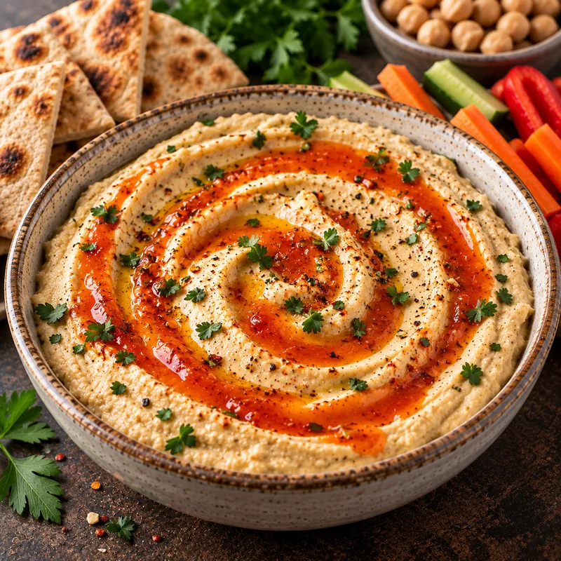 Creamy hummus swirled with red pepper sauce, garnished with parsley, served in a rustic bowl with pita wedges and fresh veggie sticks in the background