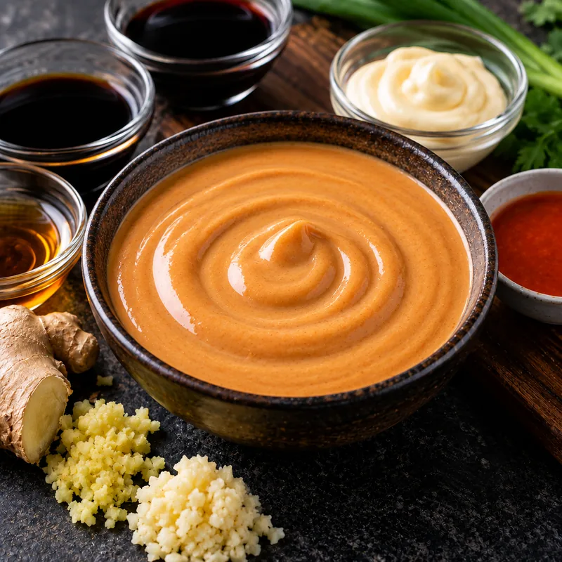 Creamy peanut sauce swirled in a brown bowl, with soy sauces, mayo, honey, ginger, and garlic around it as ingredients for dipping.