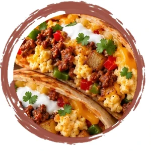 Two soft tacos filled with seasoned ground meat, scrambled eggs, cheese, peppers, onions, cilantro, and a dollop of sour cream.