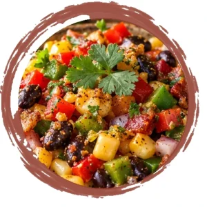 Colorful bean salad with black beans, corn, bell peppers, red onion, and a cilantro garnish.