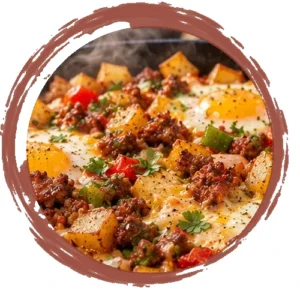 Skillet breakfast hash with potatoes, ground meat, peppers, melted cheese, and sunny-side-up eggs, garnished with parsley.