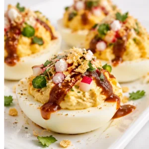 Deviled eggs topped with creamy filling, crispy crumbs, chopped radish, herbs, and a dark sauce drizzle on a white platter.