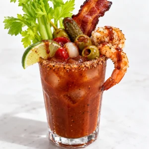Bloody Mary garnished with celery stalk, lime wedge, olives, pickled vegetables, bacon strip, and shrimp over a salted glass.