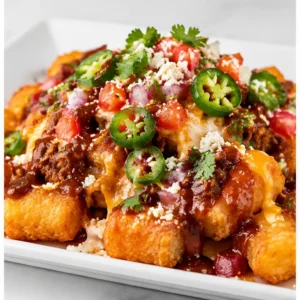 Plate of loaded nachos with melted cheese, jalapeño slices, tomatoes, cilantro, and crumbled cheese on top of crisp chips/tortilla chips.