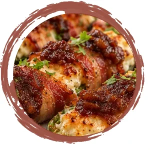 Close-up of bacon-wrapped chicken bites with melted cheese and a glossy glaze, garnished with parsley