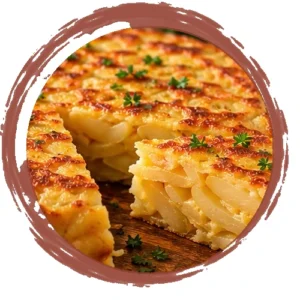 Potato au gratin slices with a crispy golden cheese crust and parsley on a wooden surface.