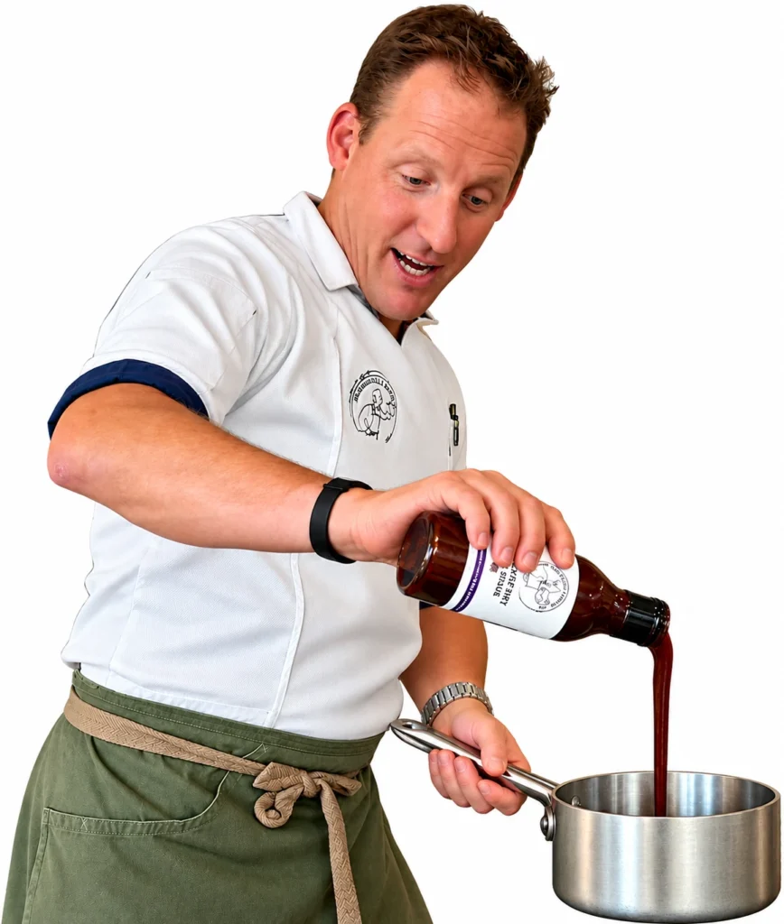 Close up of Chef Dave pouring Blackberry Grill Sauce